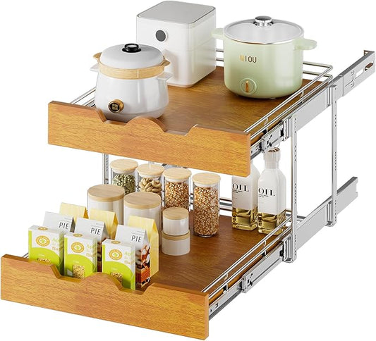 DINDON 2 Tier Pull Out Cabinet Organizer (20" W x 21" D) Slide Out Wood Shelf Double Tier Kitchen Wire Basket with Chrome Finish…