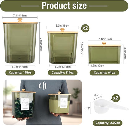 4 Pack Laundry Pods Container & Dryer Sheet Holder, Plastic Pod Holder with Lids & Scoops, Laundry Room Organization and Storage Sets for Powder, Detergent, Scent Booster