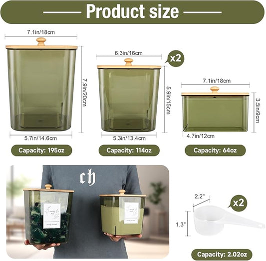 4 Pack Laundry Pods Container & Dryer Sheet Holder, Plastic Pod Holder with Lids & Scoops, Laundry Room Organization and Storage Sets for Powder, Detergent, Scent Booster