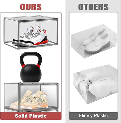 EDS FAM 4 Pack Grey Large Shoe Storage Boxes Clear Plastic Stackable Shoe Display Case with Magnetic Door, Easy Assembly Fit up to US Size 13