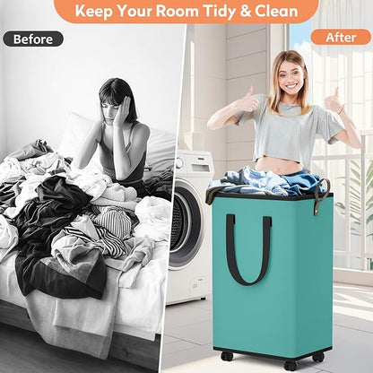 Laundry Basket with Wheels, Collapsible Laundry Baskets, Laundry Hamper with Handles Detachable Wheels, Rolling Laundry Basket, Dirty Clothes Hamper for Bathroom, Dorm, Bedroom, Green, 100L
