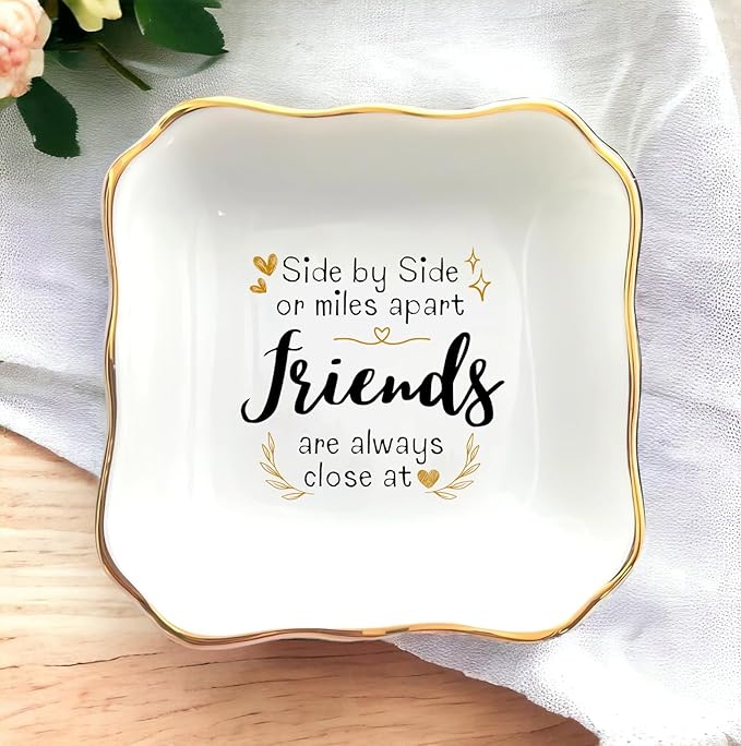 HatafaFurni gift for Friend - Side by Side or Miles Apart Friends Are Always Close at Heart - Birthday, Christmas, Wedding Gifts - Jewelry Dish, Ceramic Ring Dish, Trinket tray, Ring tray