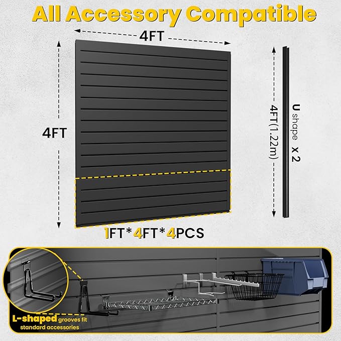 SlatWall Paneling 4x4 FT, PVC Slat Wall Panels with 12 Hooks Heavy-Duty Garage Organization System, Slatwall Pegboard Suitable for Home、Garage、Shop Wall Display & Organization (Black)