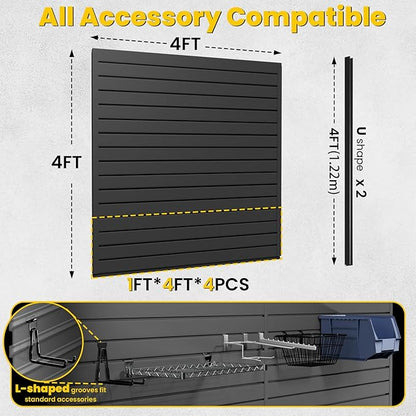 SlatWall Paneling 4x4 FT, PVC Slat Wall Panels with 12 Hooks Heavy-Duty Garage Organization System, Slatwall Pegboard Suitable for Home、Garage、Shop Wall Display & Organization (Black)