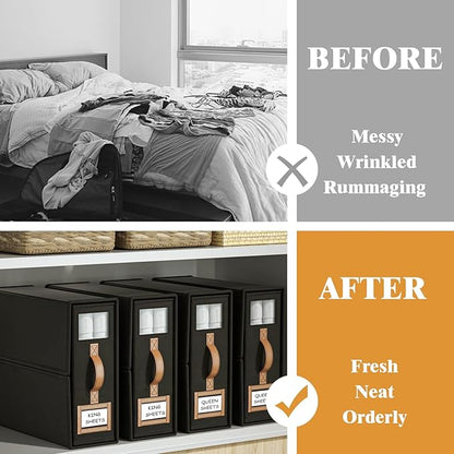 4 Pack Foldable Bed Sheets Set Organizers and Storage(King & Queen Size),Linen Fabric Closet Organizers with Window,Folding Bedding Storage Box for Bedsheets and Pillow Cube Organizer-Black