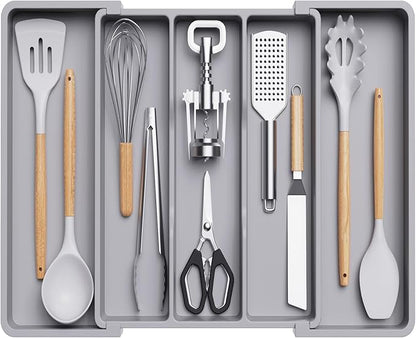 Lifewit Plastic Utensil Organizer for Kitchen Drawers, Expandable 13 to 22.4 Inches Wide, Adjustable Cutlery Silverware Flatware Holder, Kitchen Spatula Tools and Gadgets Storage Divider, Large, Gray
