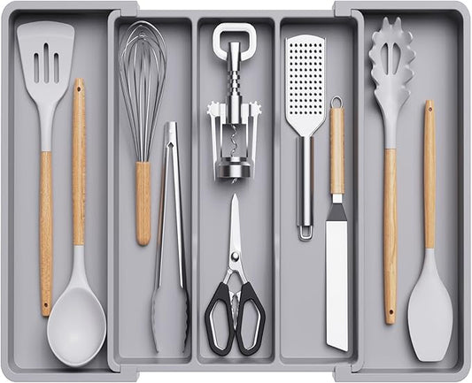 Lifewit Plastic Utensil Organizer for Kitchen Drawers, Expandable 13 to 22.4 Inches Wide, Adjustable Cutlery Silverware Flatware Holder, Kitchen Spatula Tools and Gadgets Storage Divider, Large, Gray