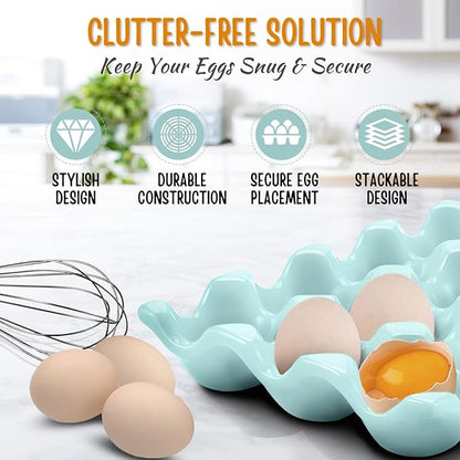 Flexzion 12 + 6 Cups Ceramic Egg Holder for Fridge - 18 Porcelain Egg Tray Container Keeper Storage Organizer Decorative Serving Stand Serveware for Refrigerator Countertop Display Kitchen (Blue)