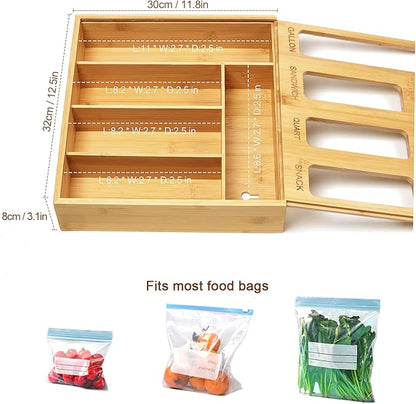 Plastic Bag Organizer for Drawer, Bamboo Food Storage Bags Container Organizer with Slider, Baggie Bags Storage for Drawer Compatible with Gallon, Sandwich Variety Size Bags
