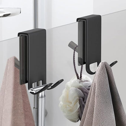 KITHOLD Shower Door Hook, Double-Sided Hook for Frameless Shower Doors (3.14 Inch), Heavy-Duty Stainless Steel Hook for Bathrobes and Towels, No Drilling or Adhesive Required, 2-Pack, Black