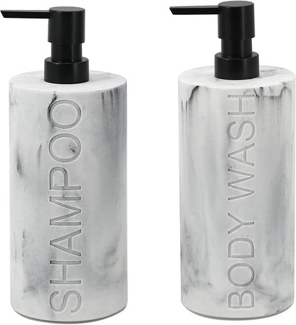 Indecor Home Marble Resin 2 Piece Shampoo and Body Wash Dispenser Set, Luxurious Refillable Pump Bottles with Matte Pump Top and Embossed Text, Durable Design for Bathroom and Shower