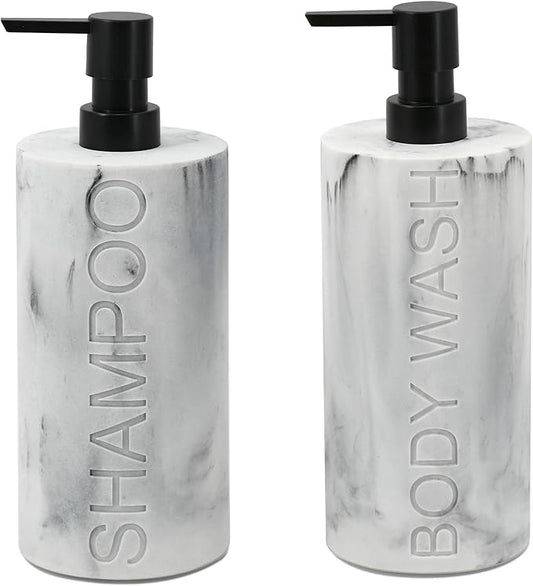 Indecor Home Marble Resin 2 Piece Shampoo and Body Wash Dispenser Set, Luxurious Refillable Pump Bottles with Matte Pump Top and Embossed Text, Durable Design for Bathroom and Shower