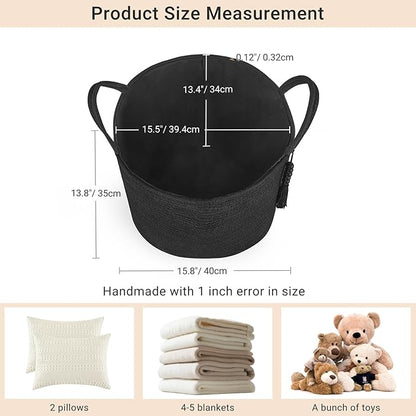 Mkono Woven Storage Basket Decorative Natural Rope Basket Wooden Bead Decoration for Blankets,Toys,Clothes,Shoes,Plant Organizer Bin with Handles Living Room Home Decor, 16"W×13.8"L, Black