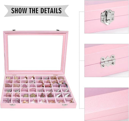 Jewelry Tray Organizer Box 48 Grid Jewelry Display Organizer Box with Transparent Lid Rings Earrings Necklaces Pendants Display Box Suitable for Women and Girls (48 Grid, Pink)