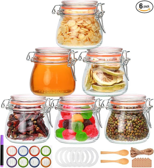 Flrolove 5oz 6pack Glass Jars with Airtight Lid, Glass Food Storage Containers with Lids, Mason Jars, Wire Clip Fastening for Cereal, Flour, Cookie, Spice, Honey, Kitchen Canning