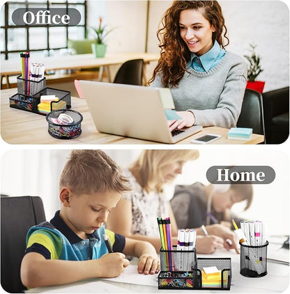 2-Piece Desk Pen & Pencil Organizer - Mesh Metal Pen Cup with Sticky Notes Holder, Black | Pen Cup, Marker Holder, Desk Caddy, Pen Organizer, Workspace
