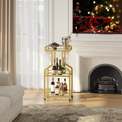 Bar Cart, 3-Tier Bar Serving Rolling Cart with Wheels and Wine Glass Holders, Mobile Beverage and Wine Cart, for Kitchen, Dining Room, Gold TTC30GJ
