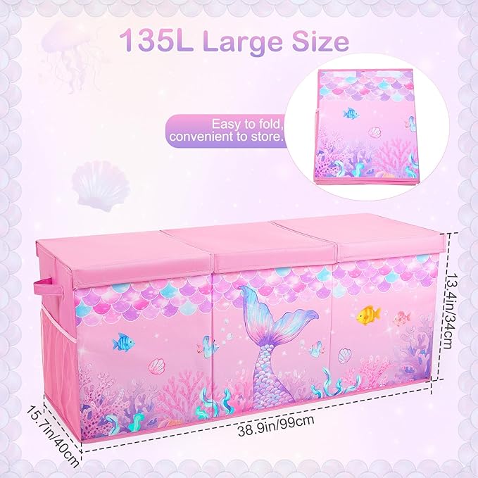 Unicorn Castle Toy Box with Adjustable Divider Toy Chest Storage Large Toy Storage Organizer Bin Collapsible with Lid Pockets for Nursery Playroom,Pink Purple Mermaid