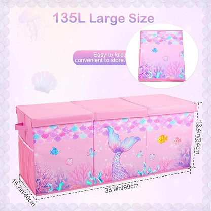 Unicorn Castle Toy Box with Adjustable Divider Toy Chest Storage Large Toy Storage Organizer Bin Collapsible with Lid Pockets for Nursery Playroom,Pink Purple Mermaid