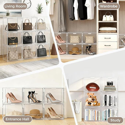 Cutora 3Pack Purse Organizer for Closet Clear Acrylic Display Case Handbag Storage Organizer Box with Magnetic Door Stackable Storage Bins with Dustproof Lid for Book Toys Shoes Cosmetic Collectibles