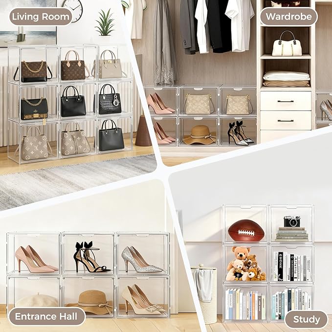 Cutora 10Pack Purse Organizer for Closet Clear Acrylic Display Case Handbag Storage Organizer Box with Magnetic Door Stackable Storage Bins with Dustproof Lid for Book Toys Shoes Cosmetic Collectibles