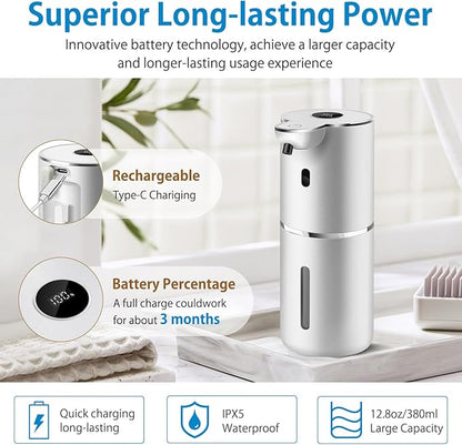 Automatic Foaming Soap Dispenser 12.8oz, Rechargeable & 6 Levels Foaming Adjustable with Digital Display, Wall Mount, Waterproof, Touchless Hand/Dish Soap Dispenser for Kitchen, Bathroom, Hotel