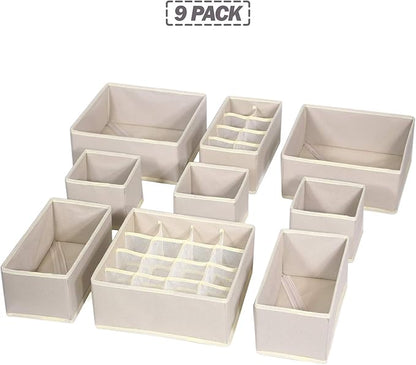 9 Pack Foldable Drawer Organizer Dividers Cloth Storage Box Closet Dresser Organizer Cube Fabric Containers Basket Bins for Underwear Bras Socks Panties Lingeries Nursery Baby Clothes Beige