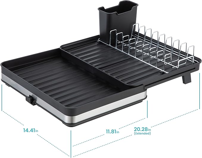 Home Zone Living Large Collapsible Dish Drying Rack with Adjustable Length and Utensil Caddy