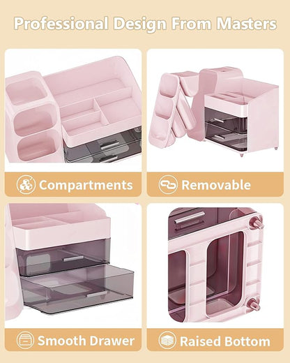 Anylady Makeup Organizer with Drawers, Skincare Organizer (Large Size Thick), Storage Box Cosmetic Display Cases, Make up Organizers for Vanity, Dresser, Desk, Kitchen, Countertop (Pink)