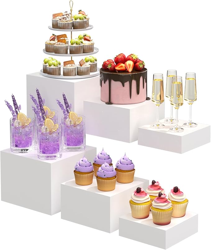 6PCS Buffet Risers, Food Risers for Buffet Table, Acrylic Boxes for Food, Display Stand for Party Catering Dessert Collectibles, Acrylic Cube Boxes with Hollow Bottoms, Food Stand Set, White (6"x7"x8")