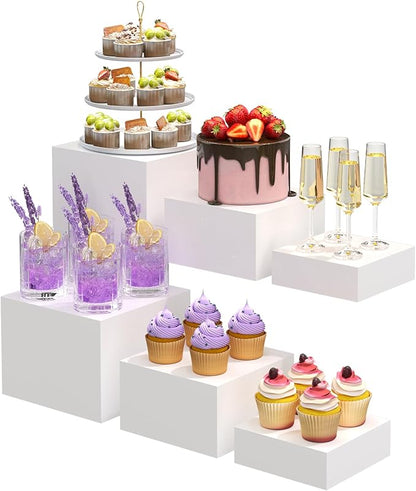 6PCS Buffet Risers, Food Risers for Buffet Table, Acrylic Boxes for Food, Display Stand for Party Catering Dessert Collectibles, Acrylic Cube Boxes with Hollow Bottoms, Food Stand Set, White (6"x7"x8")