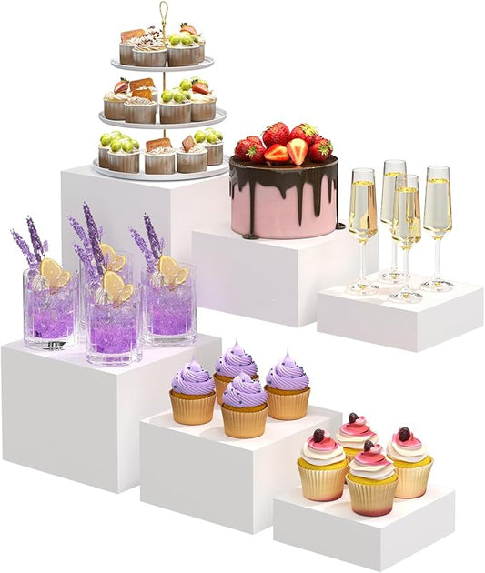 6PCS Buffet Risers, Food Risers for Buffet Table, Acrylic Boxes for Food, Display Stand for Party Catering Dessert Collectibles, Acrylic Cube Boxes with Hollow Bottoms, Food Stand Set, White (6"x7"x8")