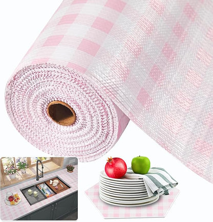 Beautysaid Shelf and Drawer Liner for Kitchen Cabinet, Non Adhesive Non Slip Shelf Paper Waterproof Washable Thickened for Dresser Pantry Shelve Bathroom Protector Liner(Pink Checker,23.6 in x 10 FT)