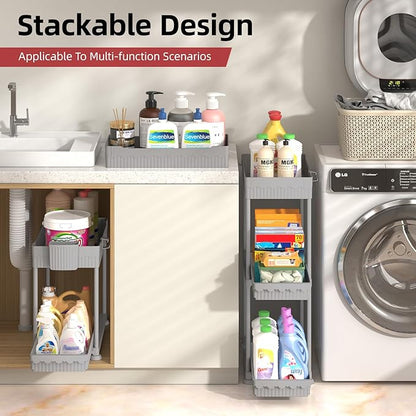 Under Sink Organizer, Bathroom Organizers and Storage, 2 Tier Multi-Use Pull Out Cabinet Organizer with Hang Hooks and Cups (Gray, 4 Pack)