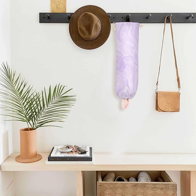 1 PC Plastic Bag Holder Wall Mount Grocery Bag Holder Shopping Bag Trash Bag Storage Organizer Dispenser for Kitchen Closet 22 x 9 Inch Marble Purple