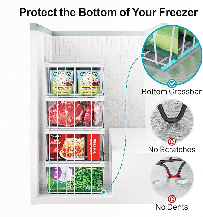 iSPECLE Chest Freezer Organizer Bins - 8 Pack Stackable Freezer Organizer for 5 to 7 Cu.Ft Freezer and Upright Freezer Over 8.5 Cu.Ft, Easy Get Food from Bottom, Add Extra Storage Space, White