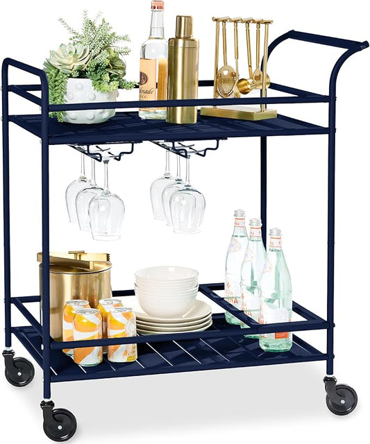 Best Choice Products Rolling Bar Cart, Mobile Home Bar Serving Cart, Serving Station w/ 2 Tier Shelves, Wine Rack, Lockable Wheels - Navy