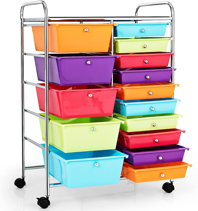 KOTEK 15-Drawer Rolling Storage Cart, Multipurpose Mobile Utility Cart with 4 Wheels, Home Office School Tools Scrapbook Paper Organizer (Multicolor-Combo2)