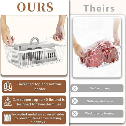ANJUBAN Large Freezer Organizer Bins，Upgraded Bottom Leak-Proof net，2 Pack， Expandable Stackable Chest Freezer Containers with Handle，for Fridge, Deep Freezer, Cabinet, Kitchen, Pantry (White-2Pack)