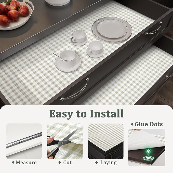Shelf Liner for Kitchen Cabinets Non-Adhesive Non-Slip Drawer Liners for Dresser, 12" x 120" Waterproof Washable Paper, Durable Protector Mat for Pantry Shelves Cupboards, Green Plaid