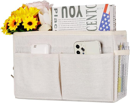 Frjjthchy Bedside Caddy Hanging Storage with Water Bottle Holder for Bunk Bed Hospital Bed Dorm Rooms (White)