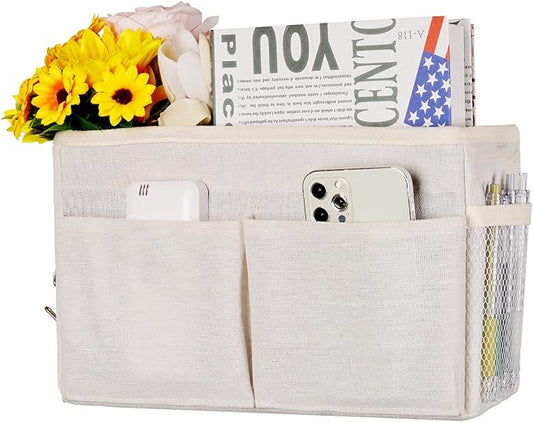 Frjjthchy Bedside Caddy Hanging Storage with Water Bottle Holder for Bunk Bed Hospital Bed Dorm Rooms (White)