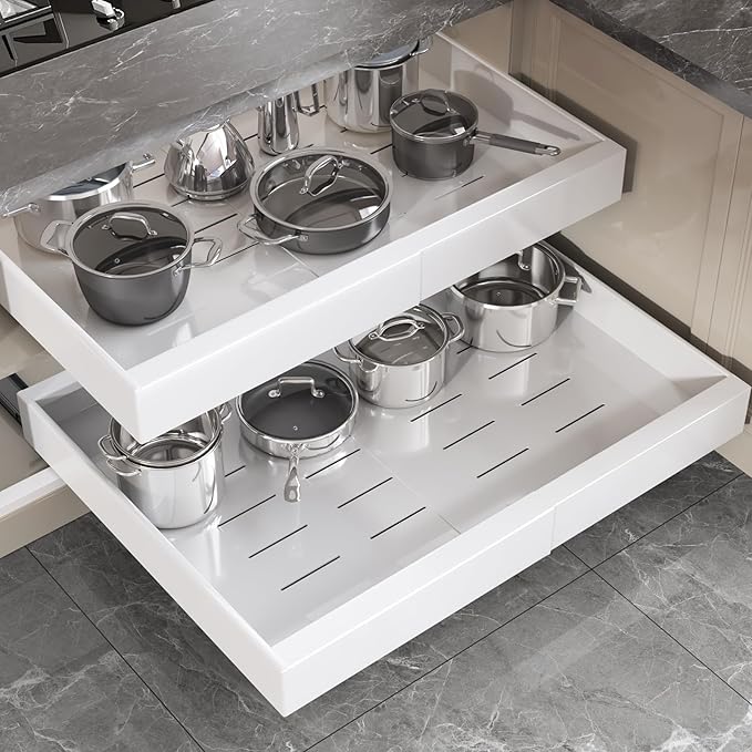 Seinloes 2 Pack Pull Out Cabinet Organizer 22" Deep,Full Extension 3 Slide Rails Slide Out Drawers With Raising Pad for Framed Cabinets,Expandable Width (15.4"-26.2"),No Drill Roll Out shelf,White