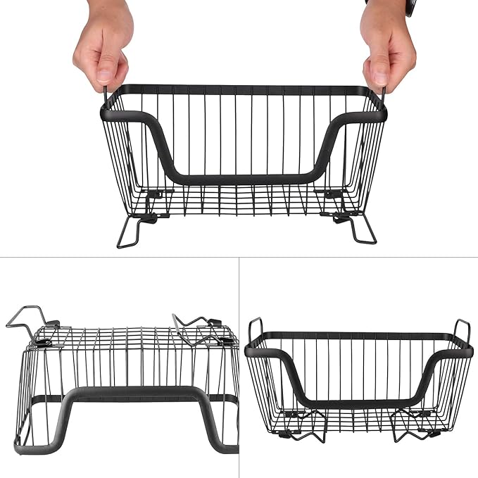 LOTTS Stackable wire basket, Metal Pantry basket, Storage Organizer Bin with Handles, Fruit basket for Kitchen Cabinets, Pantry, Closets, Bedrooms, Bathrooms (12.6×6.5×7.6")- 2 Pack