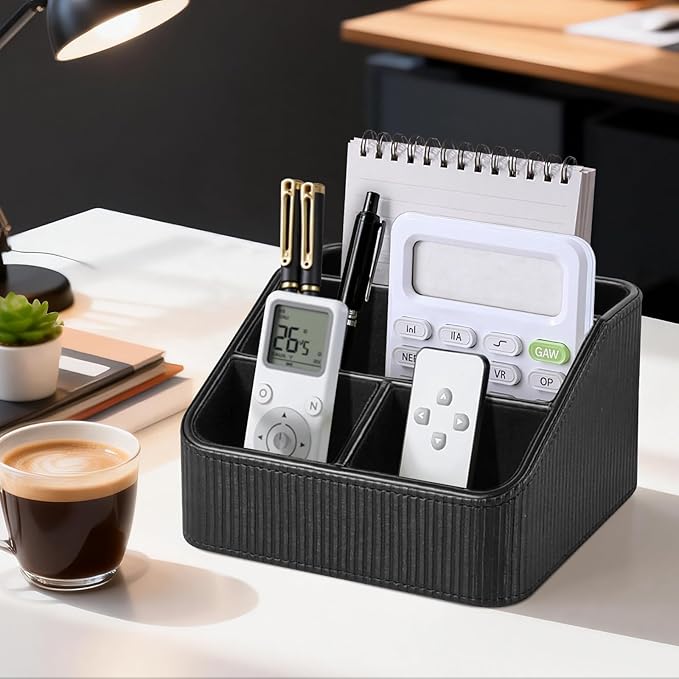 ACUDUDOMA PU Leather Remote Control Organizer Holder, 4-Compartment Small Desk Organizer, All-in-One Desk & Nightstand Caddy for Remotes, Phones, Glasses & Office Accessories