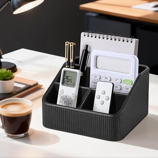ACUDUDOMA PU Leather Remote Control Organizer Holder, 4-Compartment Small Desk Organizer, All-in-One Desk & Nightstand Caddy for Remotes, Phones, Glasses & Office Accessories