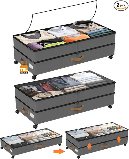 BETBEM Under Bed Storage with Wheels 2-Pack, 75L XXL Under the Bed Storage Containers Large, 12" Tall Adjustable Storage for Underbed with Lids, Rolling for Shoes, Clothes, Blankets (Grey)
