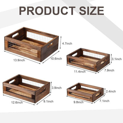 4 Pcs Wooden Nesting Countertop Baskets 4 Size Wooden Storage Box with Handle and Metal Wire Multipurpose Wood Organizer Crate for Fruit Vegetable Kitchen Cabinet Bathroom(Walnut,Small)