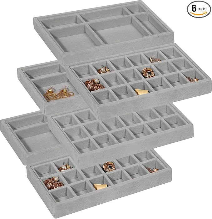 DIOMMELL 6 Pack Stackable Velvet Jewelry Trays Organizer, Jewelry Storage Box Display Trays Showcase Holder Closet Dresser Drawer Organizer for Earring Necklace Bracelet Ring Accessary, Grey