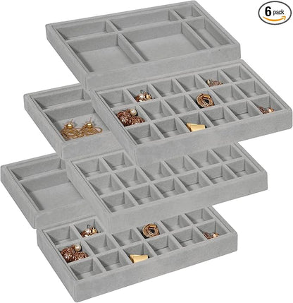DIOMMELL 6 Pack Stackable Velvet Jewelry Trays Organizer, Jewelry Storage Box Display Trays Showcase Holder Closet Dresser Drawer Organizer for Earring Necklace Bracelet Ring Accessary, Grey